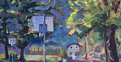 Eine Illustration eines Sportplatzes in einem Dorf mit vielen Bäumen