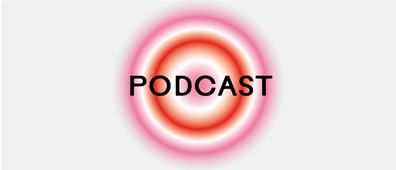 Das Podcast-Logo des Studiengangs Spatial Design mit pinken und orangen Kreisen. 
