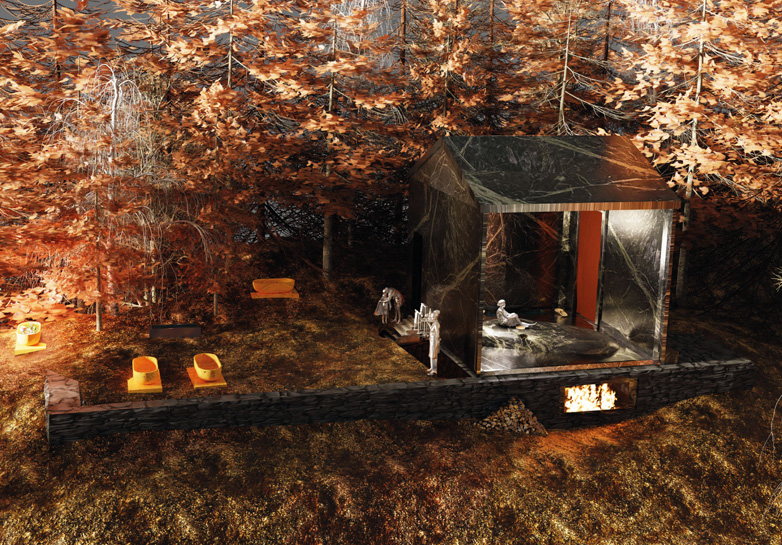 Visualisierung einer Badehütte im Wald