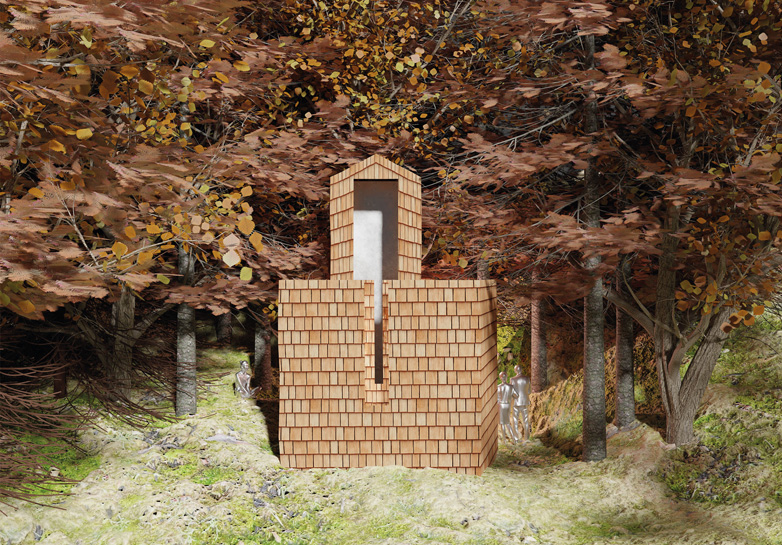 Visualisierung einer Badehütte im Wald