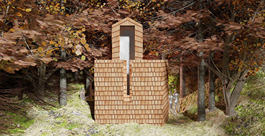 Visualisierung einer Badehütte im Wald