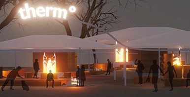 Zelte mit der Schrift Thermo darüber