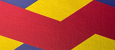Geometrisches Muster mit blauen, gelben und roten Balken.