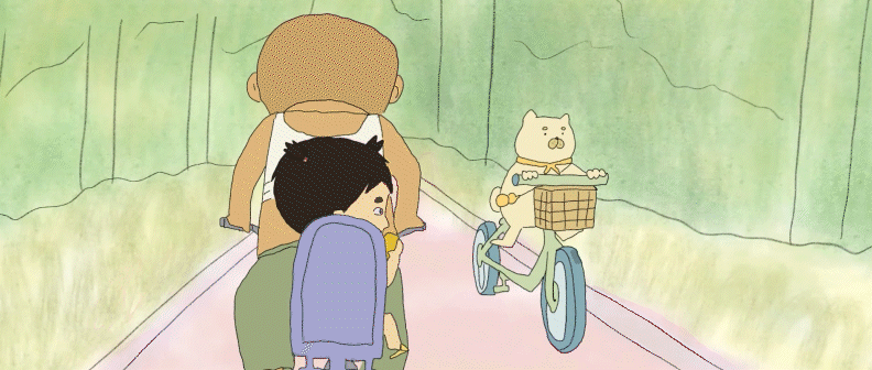 Pastellfarbene Animation einer Strassenszene. Zwei Figuren fahren gemeinsam auf einem Fahrrad, während ihnen ein kleiner, heller Bär auf einem türkisfarbenen Fahrrad mit einem Korb entgegenkommt.