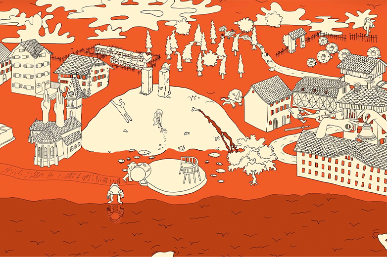 Verspielte Zeichnung eines Dorfes mit Häusern, Figuren und Landschaftselementen auf leuchtend orangem Hintergrund – detailreiche, grafische Szene.