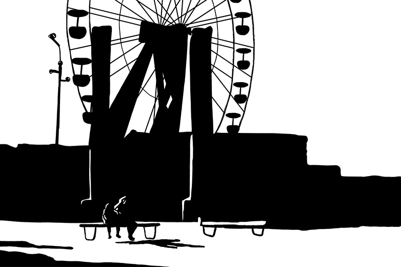 Silhouettenhafte Illustration eines Riesenrads und einer Sitzbank, auf der zwei Personen nebeneinander sitzen – reduzierte, kontrastreiche Szene.
