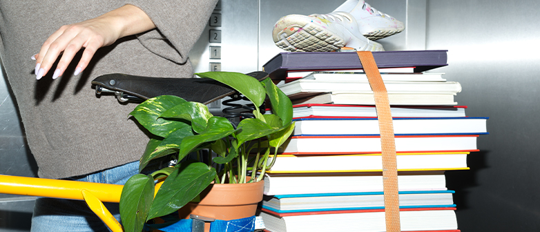 Mobiler Studienalltag – Bücher, Pflanze und Fahrrad im Lift, sinnbildlich für das kreative Leben an der HSLU Design Film Kunst.