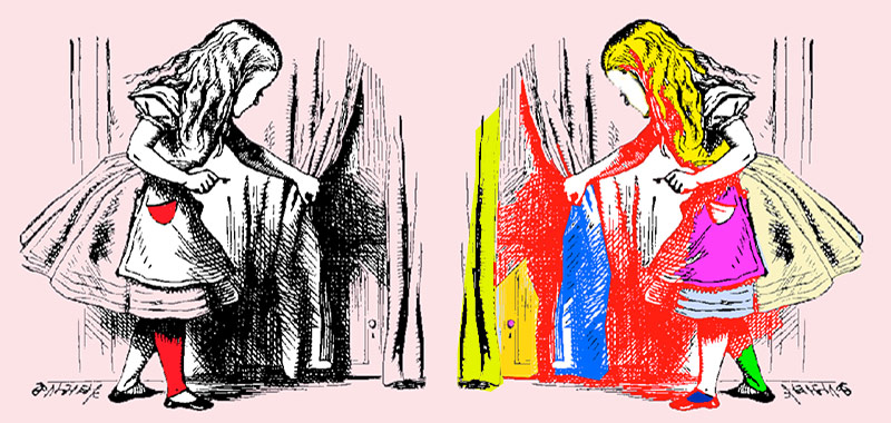 Zwei Mädchen, die hinter einen Vorhang schauen