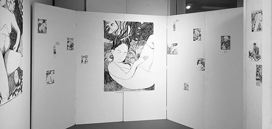 Ausstellungssituation mit Zeichnungen