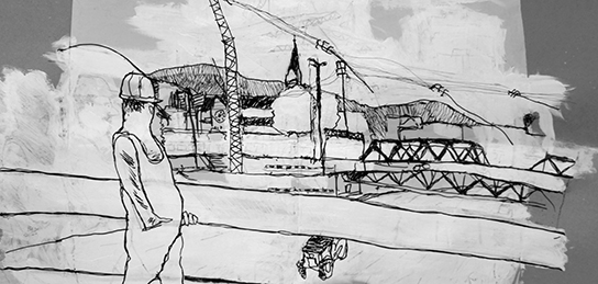 Zeichnung in schwarz-weiss von Baustelle