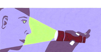Illustration eines Menschen, der mit der Taschenlampe ins Gesicht scheint