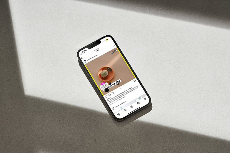 Smartphone mit Social-Media-Posts zum Thema Nachhaltigkeit, gestaltet mit auffälligen Grafiken und Bildmotiven aus Alltag und Mobilität.