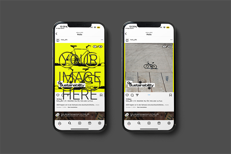 Smartphone mit Social-Media-Posts zum Thema Nachhaltigkeit, gestaltet mit auffälligen Grafiken und Bildmotiven aus Alltag und Mobilität.