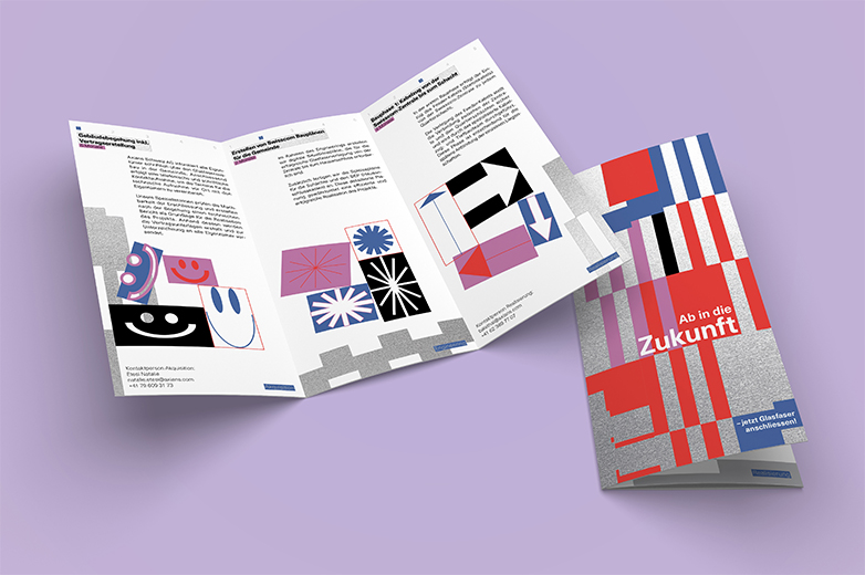 Trifold-Flyer mit abstrakten Grafiken und Infos zum Glasfaseranschluss von Axians, gestaltet von Nodo.