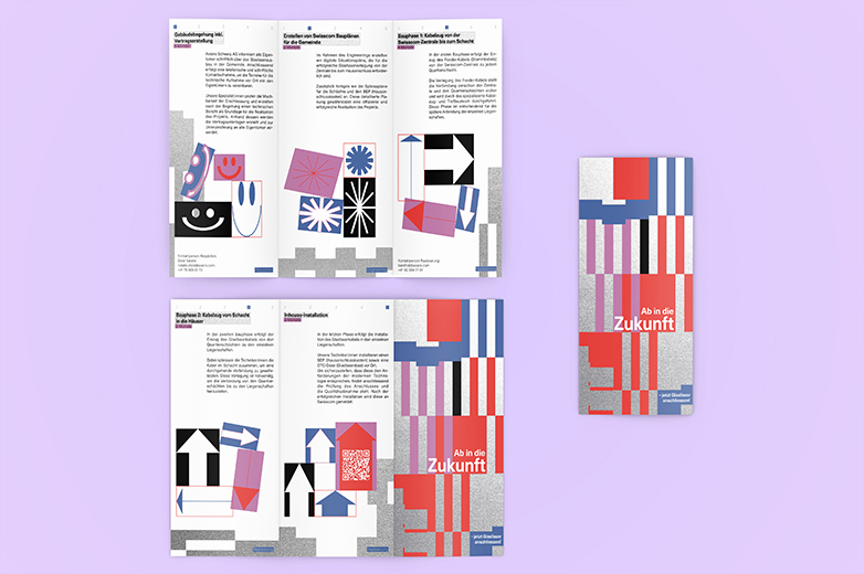 Geöffneter Flyer mit Infotexten und farbigen Illustrationen zu Bauphasen des Glasfaserprojekts.