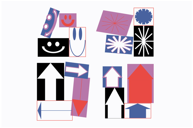 Übersicht grafischer Elemente des Flyers – Pfeile, Smileys und abstrakte Formen in kräftigen Farben.