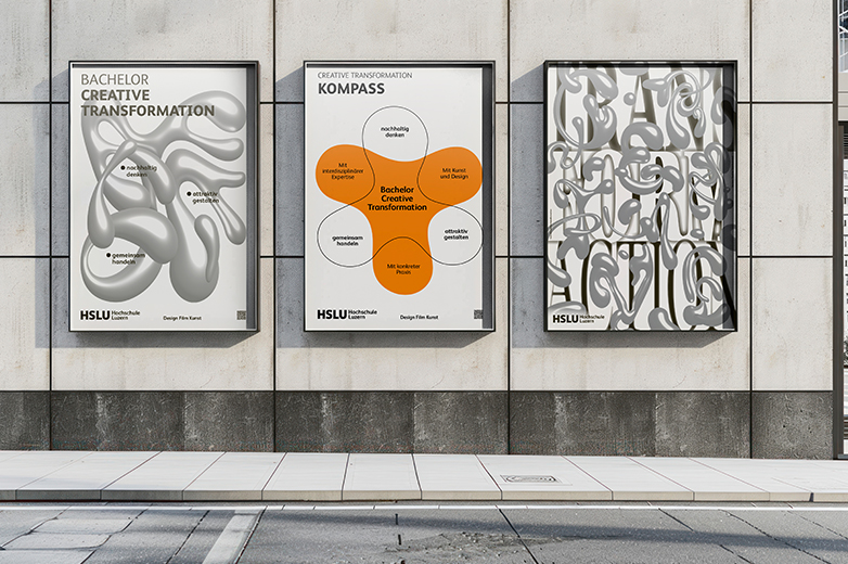 Visuelle Identität, Kommunikationsmittel und Ausstellungseinblicke des Bachelor Creative Transformation der HSLU, mit Printprodukten, Installationen, Workshops und Anwendungen im realen Kontext.