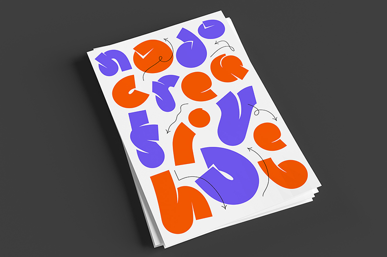 Mehrere Nodo Creative hub Flyer in violetter und oranger Farbe auf einer dunkelgrauen Fläche. 