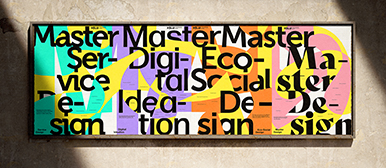 Eine Plakat Wand in neongrün, violett, orange, pinkt und gelb, in schwarzer Schrift steht Master Design. 