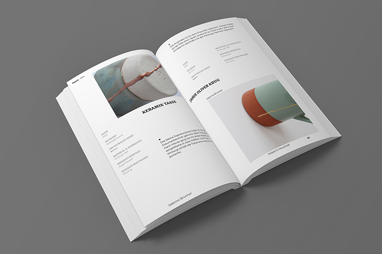 Aufgeschlagenes Buch mit zwei gestalteten Seiten, die reparierte Keramiktassen zeigen. Die Objekte wurden mit sichtbaren Kintsugi-Techniken wiederhergestellt – dokumentiert im Repairbook-Projekt von Nodo.