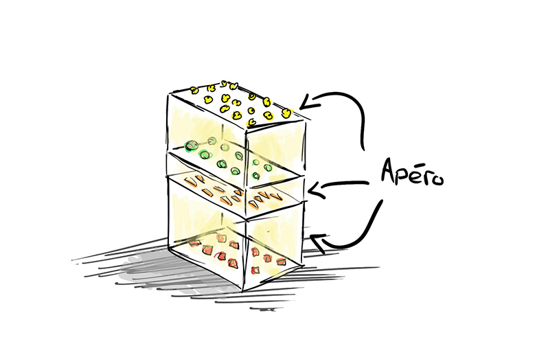 Apéro und Veranstaltung der Food installation Helga Luzern 2024: modulare Snack-Installation aus gestapelten Kisten, Publikum im Austausch sowie Einblicke in Präsentation und Eventsetting.