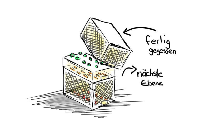 Apéro und Veranstaltung der Food installation Helga Luzern 2024: modulare Snack-Installation aus gestapelten Kisten, Publikum im Austausch sowie Einblicke in Präsentation und Eventsetting.