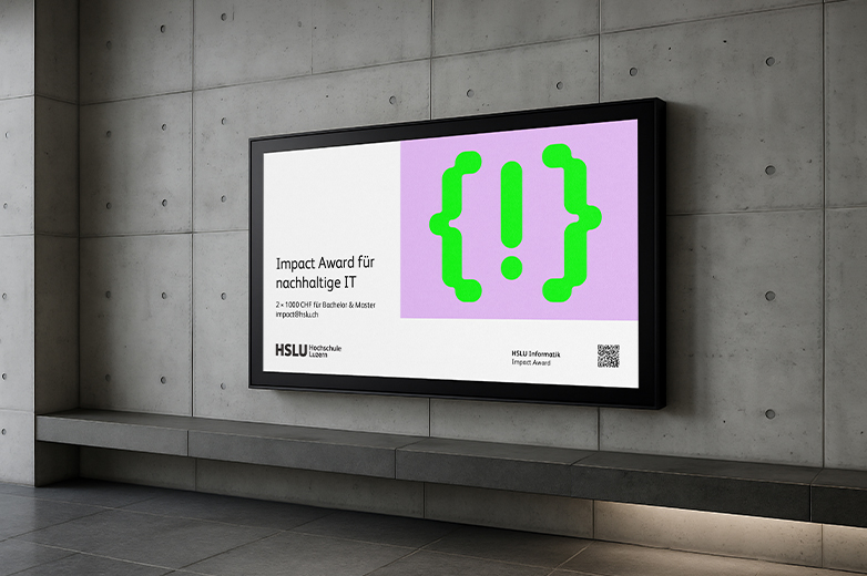 Visuelle Kommunikation für einen Impact Award der HSLU mit auffälliger grüner Symbolik auf violettem Hintergrund, umgesetzt in digitalen Anwendungen, Plakatgestaltung und grafischen Mustern.