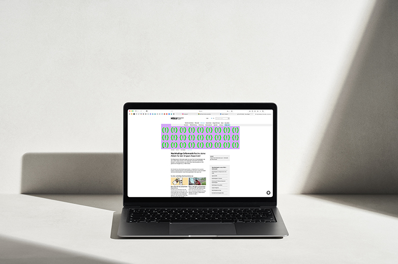 Visuelle Kommunikation für einen Impact Award der HSLU mit auffälliger grüner Symbolik auf violettem Hintergrund, umgesetzt in digitalen Anwendungen, Plakatgestaltung und grafischen Mustern.