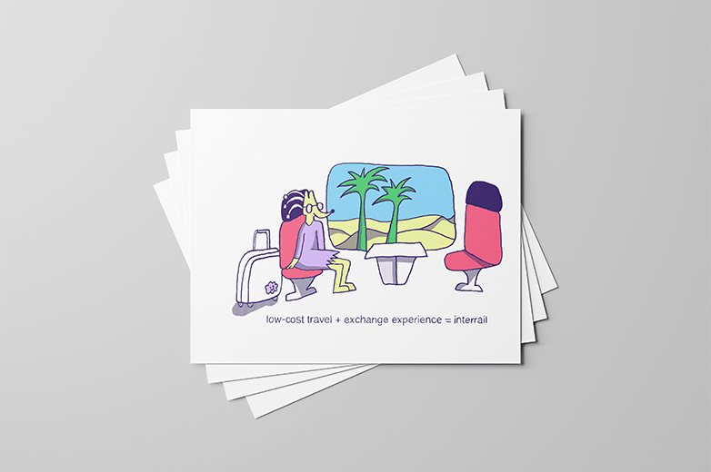 Illustrative Kommunikationsmittel zum Thema nachhaltiges Reisen und Austausch, mit farbigen Zeichnungen auf Karten und digitaler Anwendung auf einer Website der HSLU.