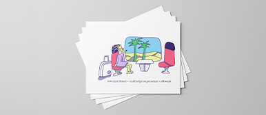 Illustrative Kommunikationsmittel zum Thema nachhaltiges Reisen und Austausch, mit farbigen Zeichnungen auf Karten und digitaler Anwendung auf einer Website der HSLU.