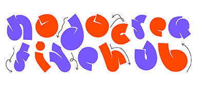 Verspielter, farbenfroher Schriftzug ‘nodo crea fine hub’ in Rot und Violett mit Pfeilen auf weißem Hintergrund – visuelle Identität des Nodo – Creative Hub der HSLU Design Film Kunst.