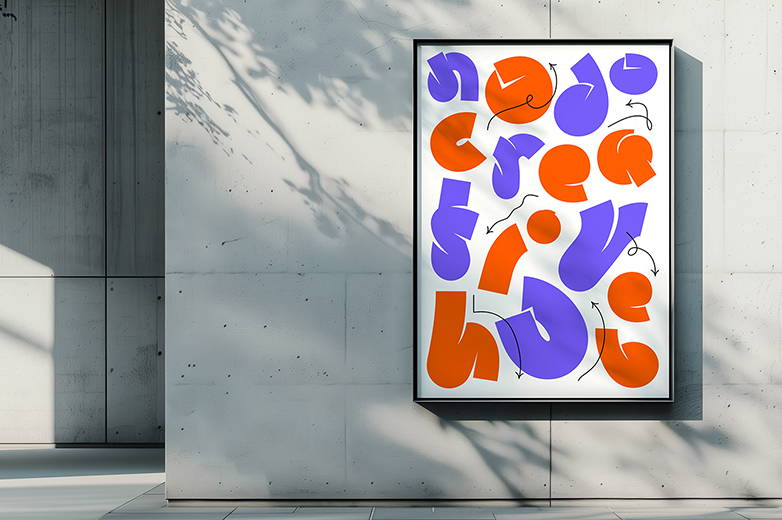 Eine Betonwand mit Schattenspiel, an der ein Poster von Nodo Creative Hub hängt. Die Buchstaben sind in violett und orange