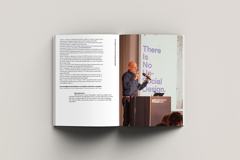 Publikation und Dokumentation zur Social Design Network Conference mit aufgeschlagenen Buchseiten, Textbeiträgen, Fotografien von Vorträgen, Workshops und Teilnehmenden sowie grafisch gestalteten Covern.