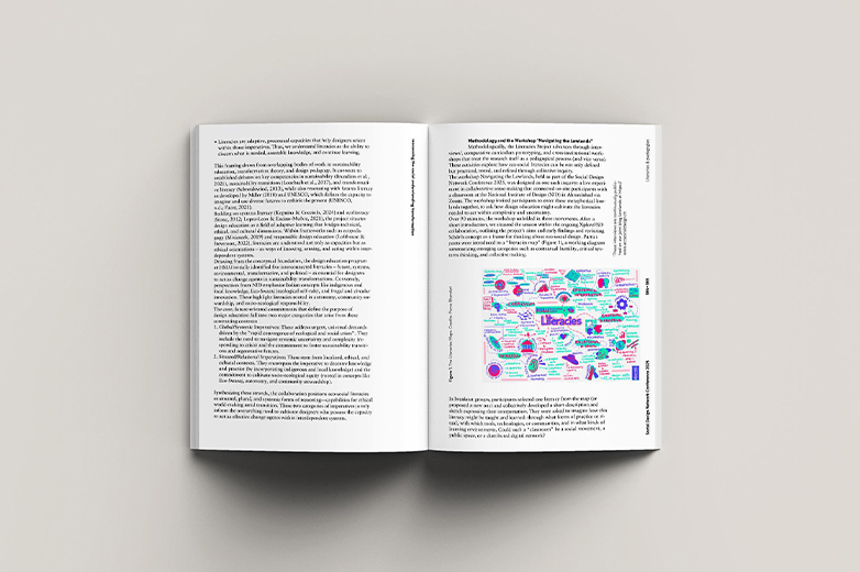 Publikation und Dokumentation zur Social Design Network Conference mit aufgeschlagenen Buchseiten, Textbeiträgen, Fotografien von Vorträgen, Workshops und Teilnehmenden sowie grafisch gestalteten Covern.
