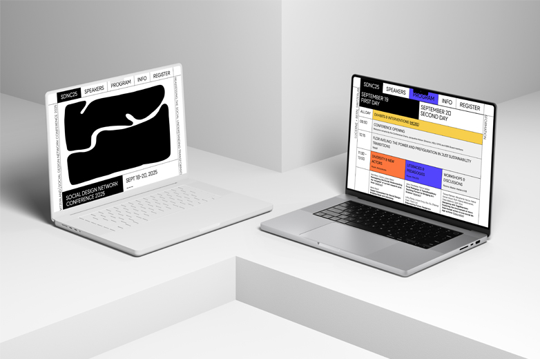 Zwei Laptops mit geöffneten Webseiten zur Konferenz: links die Startseite mit abstrakter Grafik, rechts das Programm mit Zeitplan und Workshops.