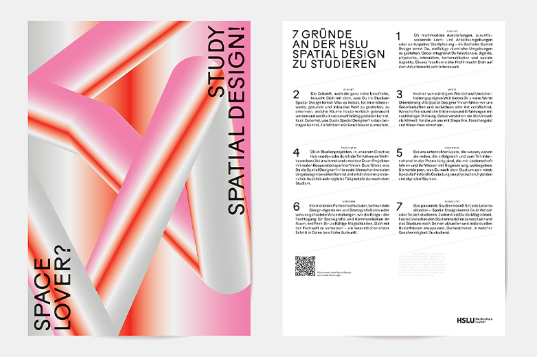 Visuelle Identität und Kommunikationsmittel des Bachelor Spatial Design der HSLU, mit Printprodukten, digitalen Anwendungen, Eventeinblicken und Gestaltungselementen in auffälligem Farbkonzept.