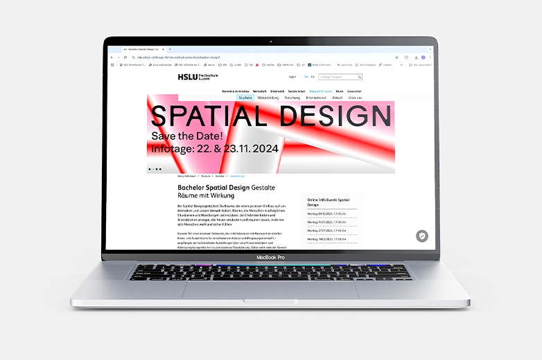 Visuelle Identität und Kommunikationsmittel des Bachelor Spatial Design der HSLU, mit Printprodukten, digitalen Anwendungen, Eventeinblicken und Gestaltungselementen in auffälligem Farbkonzept.