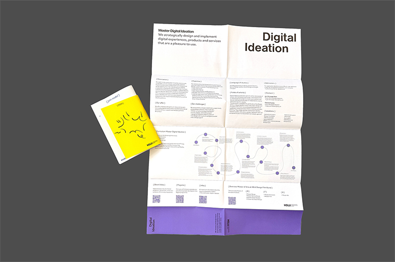 Das Yearbook und Posters für den Master Design der HSLU – Design FIlm Kunst: farbige Broschüren und aufgeklappte Seiten mit Texten, Grafiken und Informationen zu Studienrichtungen im Bereich Design.