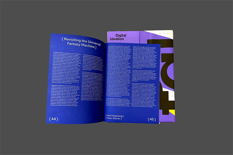 Das Yearbook und Posters für den Master Design der HSLU – Design FIlm Kunst: farbige Broschüren und aufgeklappte Seiten mit Texten, Grafiken und Informationen zu Studienrichtungen im Bereich Design.