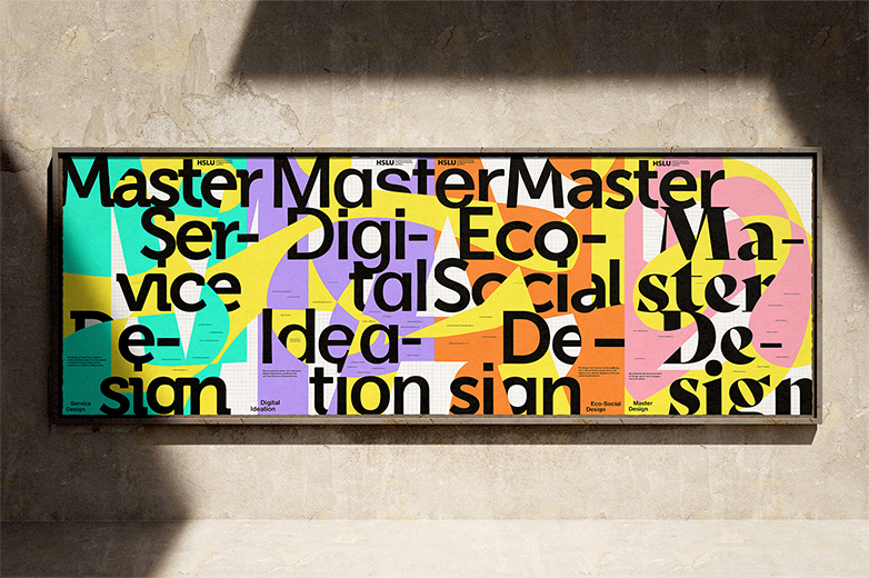 Mehrfarbiges Plakat mit überlagerten Schriftzügen wie ‘Master’, ‘Service Design’ und ‘Digital Social Design’ – grafisches Keyvisual aus dem Projektkontext von Nodo.