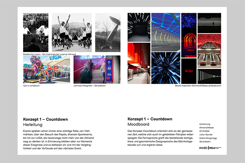 Gestalterische Interventionen im öffentlichen Raum rund um die Allmend/Messe Luzern, mit Beschriftungen, historischen Bezügen und Menschen in Bewegung an Haltestellen, Treppen und Zugängen.