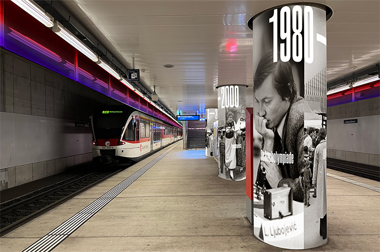 Gestalterische Interventionen im öffentlichen Raum rund um die Allmend/Messe Luzern, mit Beschriftungen, historischen Bezügen und Menschen in Bewegung an Haltestellen, Treppen und Zugängen.