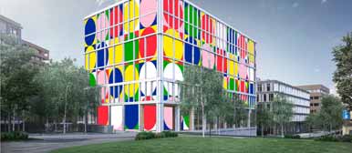 Gebäude mit Fassade aus runden, farbigen Elementen