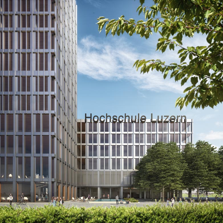 Rendering des Neubaus für den Campus der Hochschule Luzern in Rotkreuz. @Zug Estates