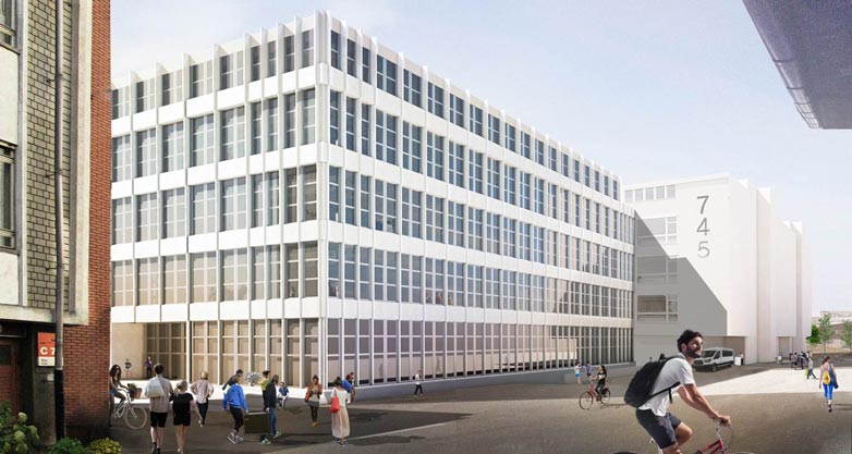 Visualisierung des Anbaus an das bestehende Gebäude 745 in der Viscosistadt (Visualisierung: Harry Gugger Studio)