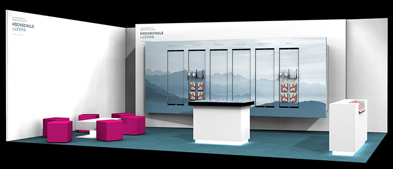 Visualisierung des neuen Messestandes inklusive VR-Brillen an der Wand. Bild: Hochschule Luzern