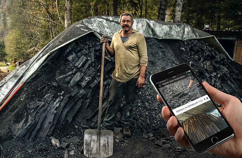 Die Hochschule Luzern erforscht, wie Kulturerbe - etwa das alte Handwerk der Köhlerei - interaktiv inszeniert und über mobile Technologien vermittelt werden kann. Illustration: Samuel Frei und Robert Müller/HSLU