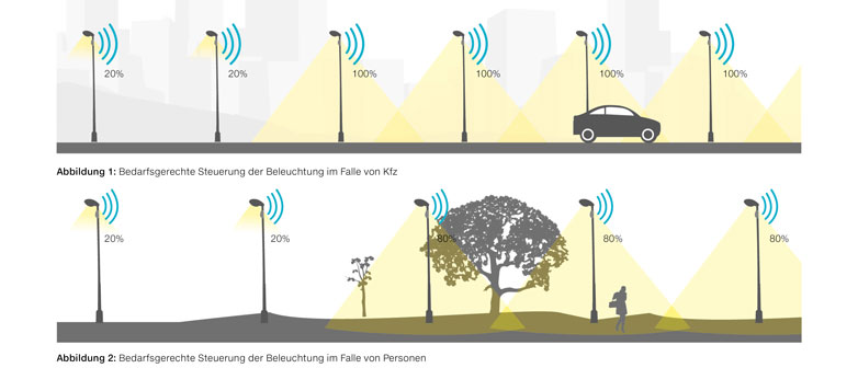 Intelligente Sensorik reduziert Lichtverschmutzung und Energieverbrauch der Strassenbeleuchtung: Die Sensoren erkennen trotz schwacher Beleuchtung die Katze, die Beleuchtungsstärke wird nicht erhöht.