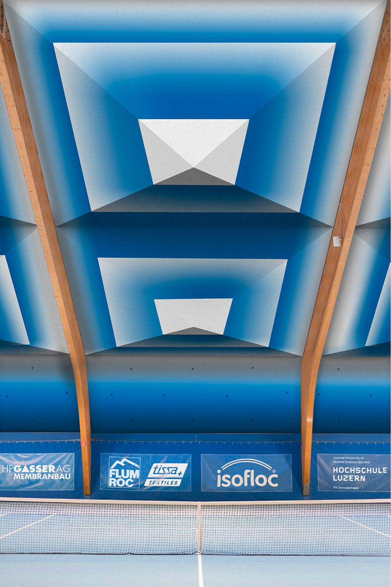 Visualisierung einer textil sanierten Tennishalle mit dem Dämmelement Schirm. Bild: Hochschule Luzern
