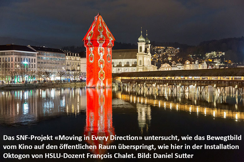 Das Bewegtbild springt zunehmend von TV und Kino auf den öffentlichen Raum über,  wie etwa hier in der Installation Oktogon von HSLU-Dozent François Chalet. Das SNF- Projekt «Moving in Every Direction» untersucht diese Entwicklung. Bild: Daniel Suter